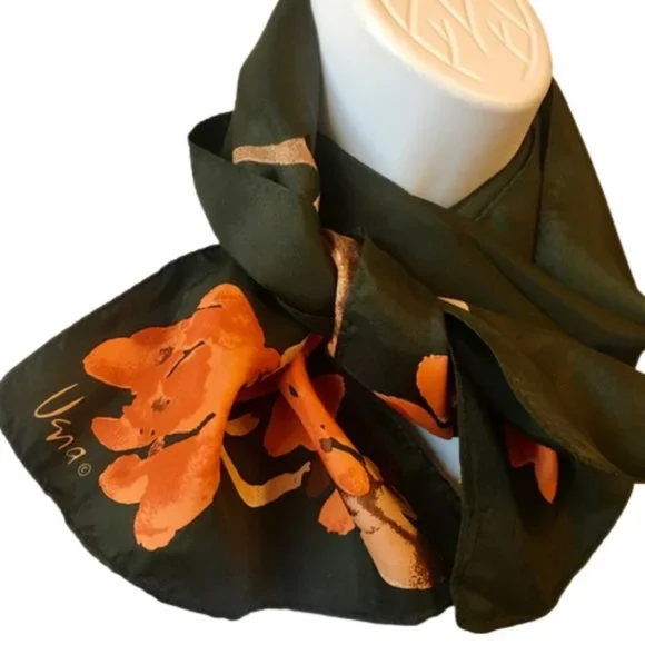 Scarf Vera Neumann Forest Green Orange Brown Watercolor Floral Oblong - Picture 5 of 8